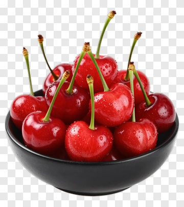 Fresh Red Cherries In A Black Bowl PNG