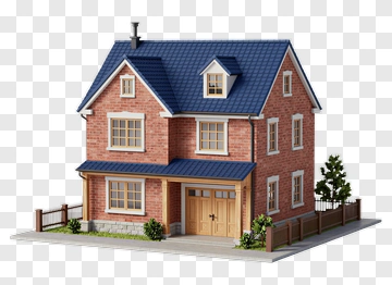 3D House With Blue Roof And Garden PNG
