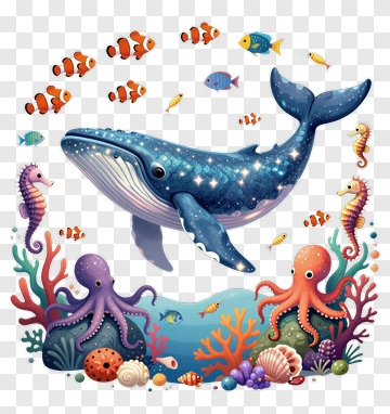 Cartoon Whale Swimming Among Colorful Sea Creatures PNG