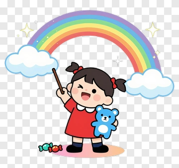 Cartoon Girl Holding A Teddy Bear Under A Rainbow PNG