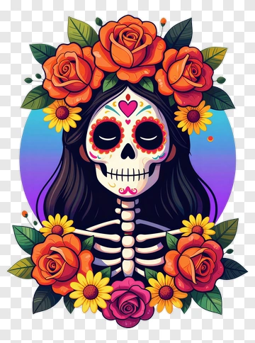 Colorful Sugar Skull With Floral Decoration PNG