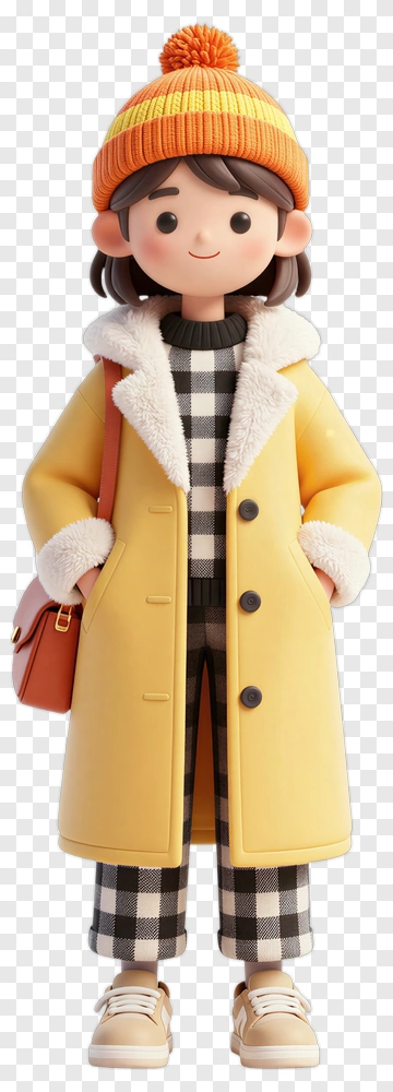 3D Girl In Yellow Coat And Orange Beanie PNG