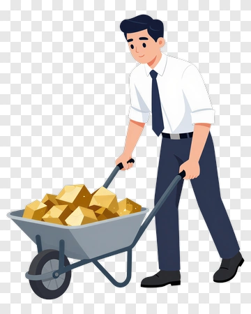 Businessman Pushing A Wheelbarrow Full Of Gold Bars PNG