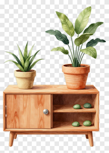 Wooden Table With Potted Plants PNG