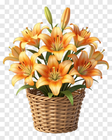 Orange Lily Flower Bouquet In Woven Basket PNG
