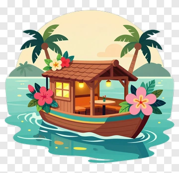 Tropical Boat Surrounded By Palm Trees And Flowers PNG