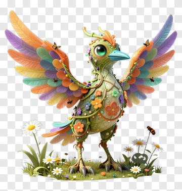 Colorful Bird With Floral Decorations PNG