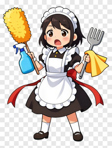 Anime Maid Holding Cleaning Supplies PNG