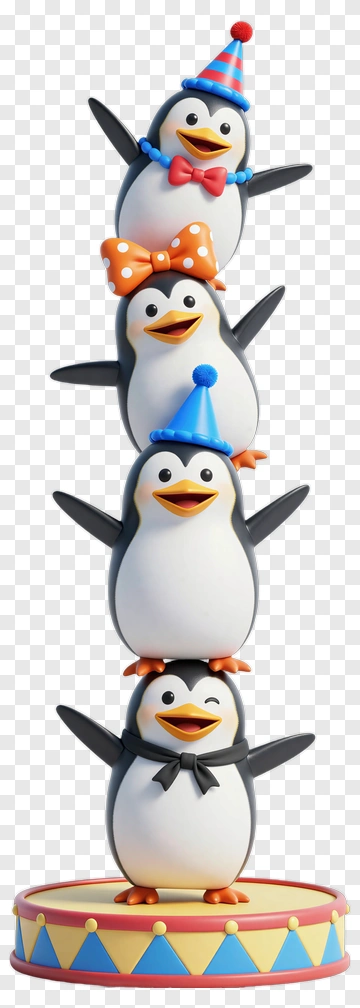 Cartoon Penguins Stacked On A Circus Base PNG