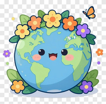 Cartoon Earth Surrounded By Flowers And A Butterfly PNG