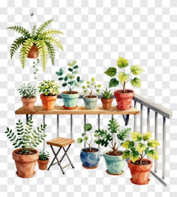 Watercolor Potted Plants On A Balcony Shelf PNG