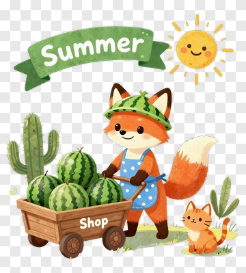 Cartoon Fox Pushing A Watermelon Cart In Summer PNG