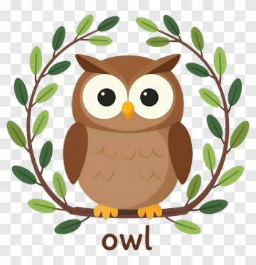 Cartoon Owl With Leaves PNG
