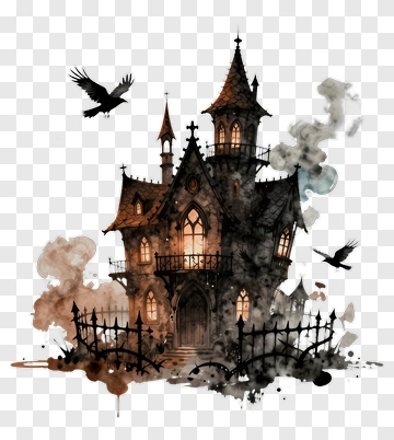 Haunted House With Crows And Smoke PNG