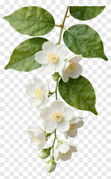 Jasmine Flower Branch With Green Leaves PNG