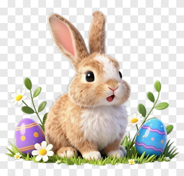 Cute Bunny With Easter Eggs And Flowers PNG