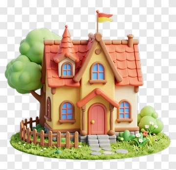 3D Cartoon House With Tree And Fence PNG