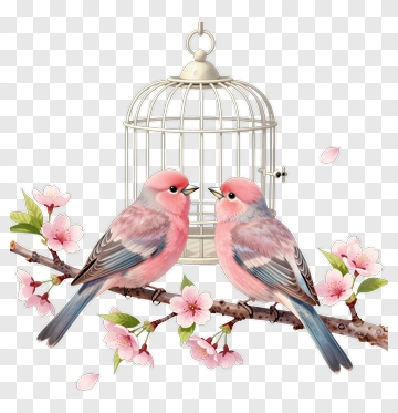 Pink Birds Sitting On A Branch With Cherry Blossoms PNG