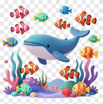 Cartoon Whale Swimming Among Colorful Fish PNG