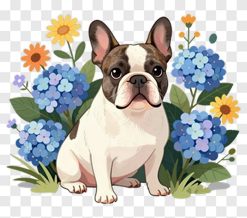 Cartoon French Bulldog Sitting Among Flowers PNG