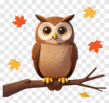 Cartoon Owl Sitting On A Branch With Autumn Leaves PNG