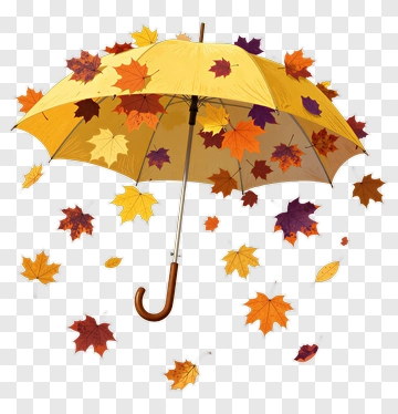 Yellow Umbrella Surrounded By Autumn Leaves PNG