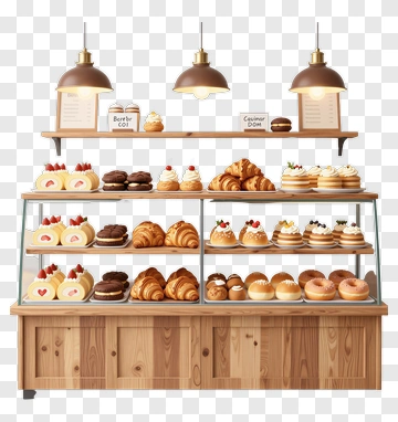 Bakery Display With Various Pastries And Desserts PNG