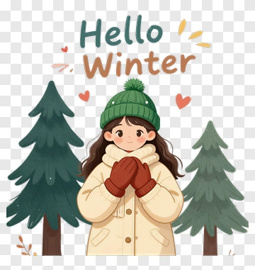 Cartoon Girl In Winter Coat With Pine Trees PNG