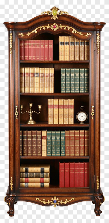 Antique Wooden Bookshelf With Decorative Elements PNG