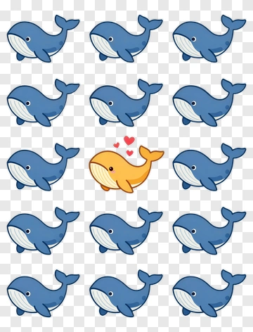 Cartoon Whales With A Yellow Whale And Hearts PNG