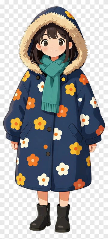 Girl In Floral Winter Coat With Scarf PNG