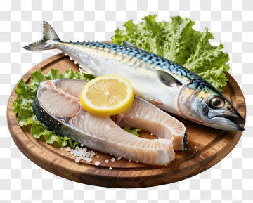 Fresh Salmon And Mackerel On Wooden Plate PNG