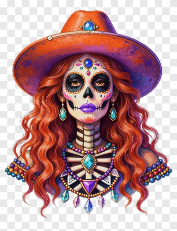 Colorful Sugar Skull Woman With Hat PNG