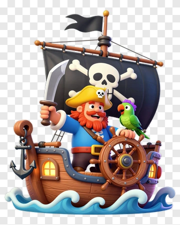 Cartoon Pirate Captain On A Ship With A Parrot PNG