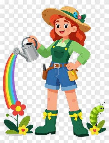 Cartoon Gardener Watering Flowers PNG