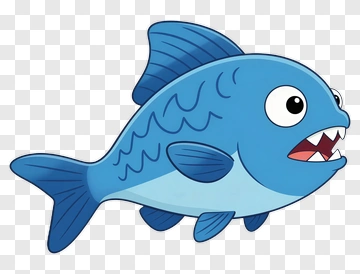 Cartoon Blue Fish With Sharp Teeth PNG