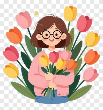 Girl Holding A Bouquet Of Colorful Tulips PNG