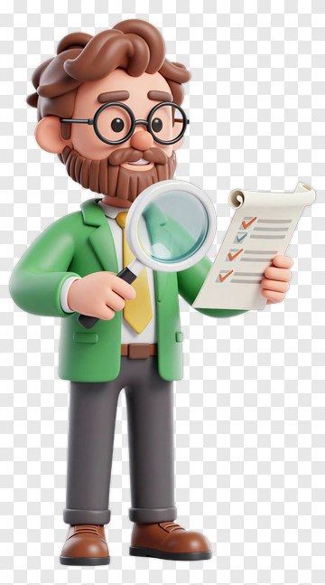 3D Inspector Holding A Magnifying Glass And Checklist PNG