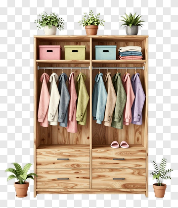 Wooden Wardrobe With Colorful Jackets And Plants PNG