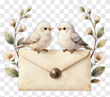 Two Birds On An Envelope With Floral Elements PNG