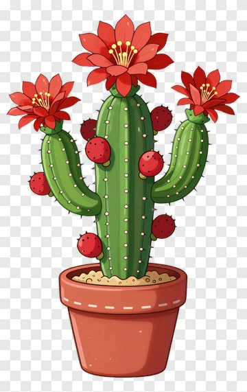 Colorful Cactus With Red Flowers PNG