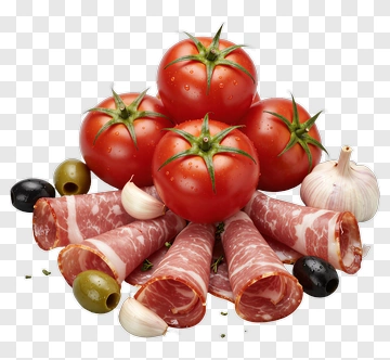 Fresh Tomatoes And Sliced Salami With Garlic And Olives PNG