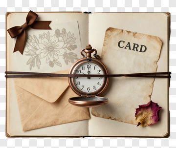 Vintage Clock And Card On Open Book PNG