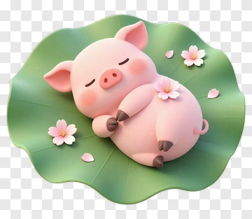 Cute Sleeping Pig On A Leaf With Flowers PNG