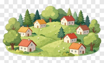 Cartoon Village With Houses And Trees PNG