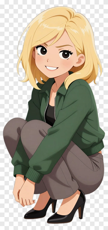 Anime Girl Squatting In A Green Jacket PNG
