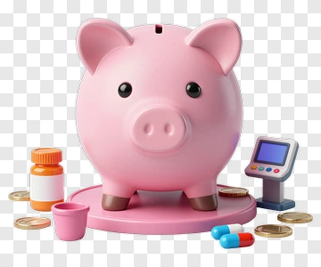 Piggy Bank With Coins And Medicine Bottles PNG