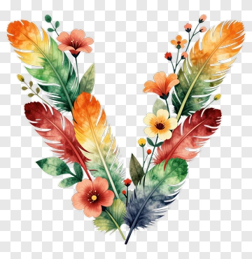 Colorful Feather Arrangement With Flowers PNG