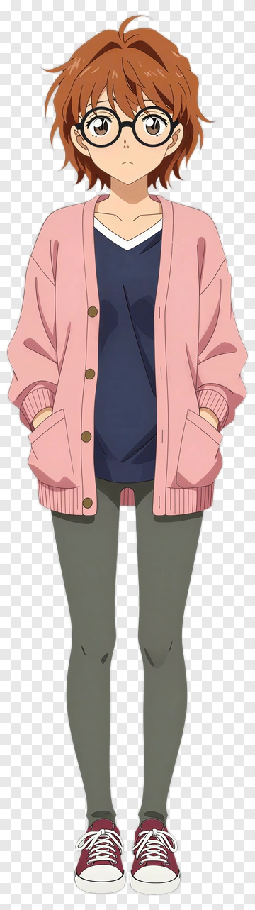 Anime Girl In Pink Cardigan And Glasses PNG