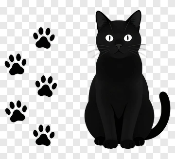 Cartoon Black Cat With Paw Prints PNG